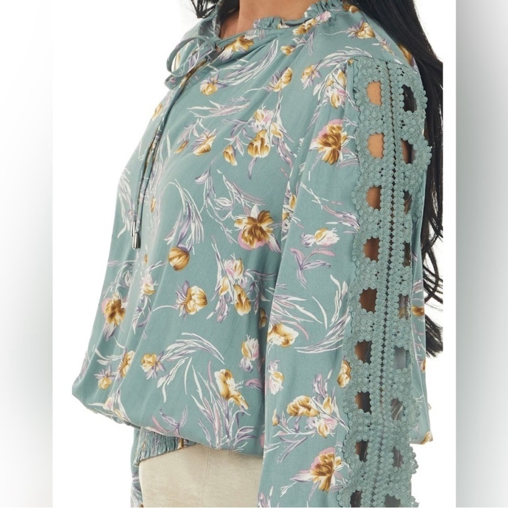 Easel Teal Floral Blouse with Crochet Sleeves